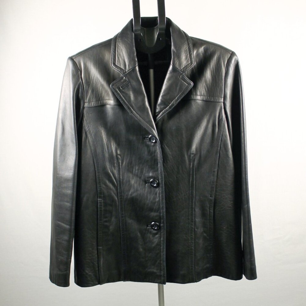 Women's XL Avanti New York, Black Leather Blazer, lined, button down